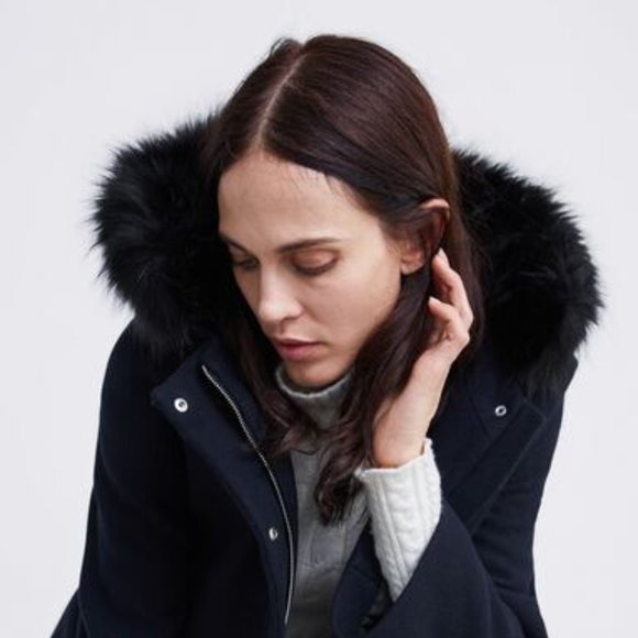 ZARA NAVY BLUE WOOL BLEND DETACHABLE FAUX FUR HOOD COAT WITH POCKETS $129 - Picture 9 of 14